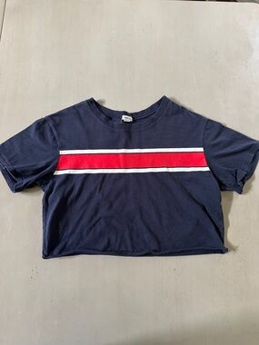 Garage Navy Cropped Tee with Red and White Stripe